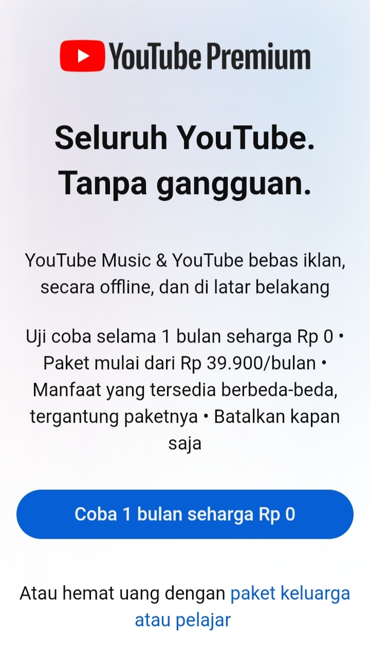 Contoh Tampilan Trial YouTube Premium